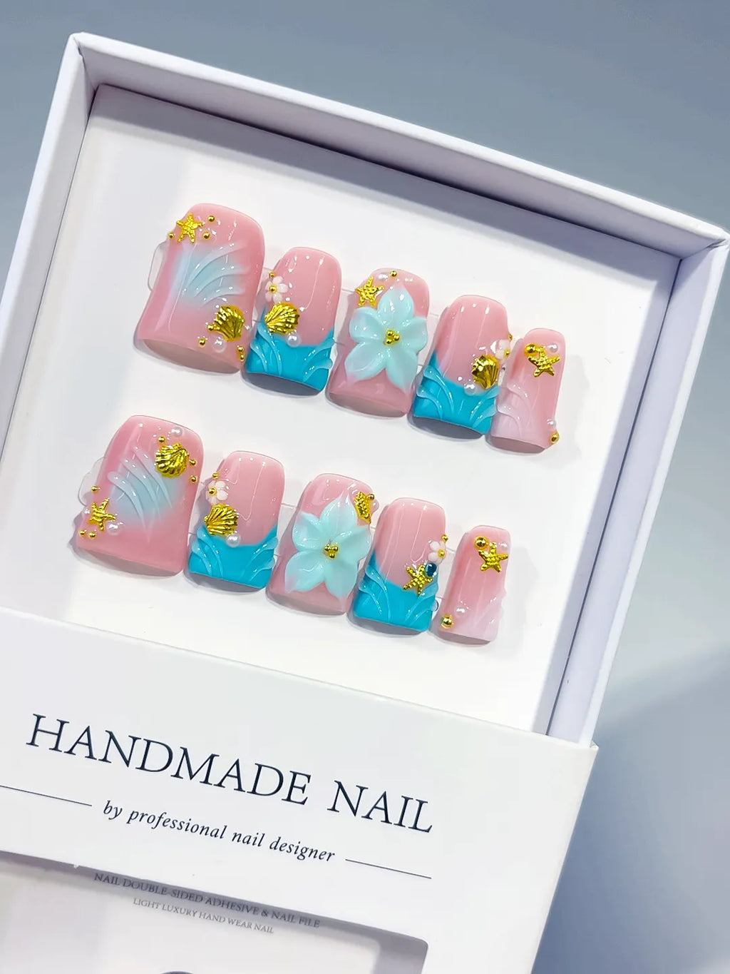 Pink Blue White Gold French tip Flower Rhinestone 3D press on nails