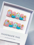 Pink Blue White Gold French tip Flower Rhinestone 3D press on nails
