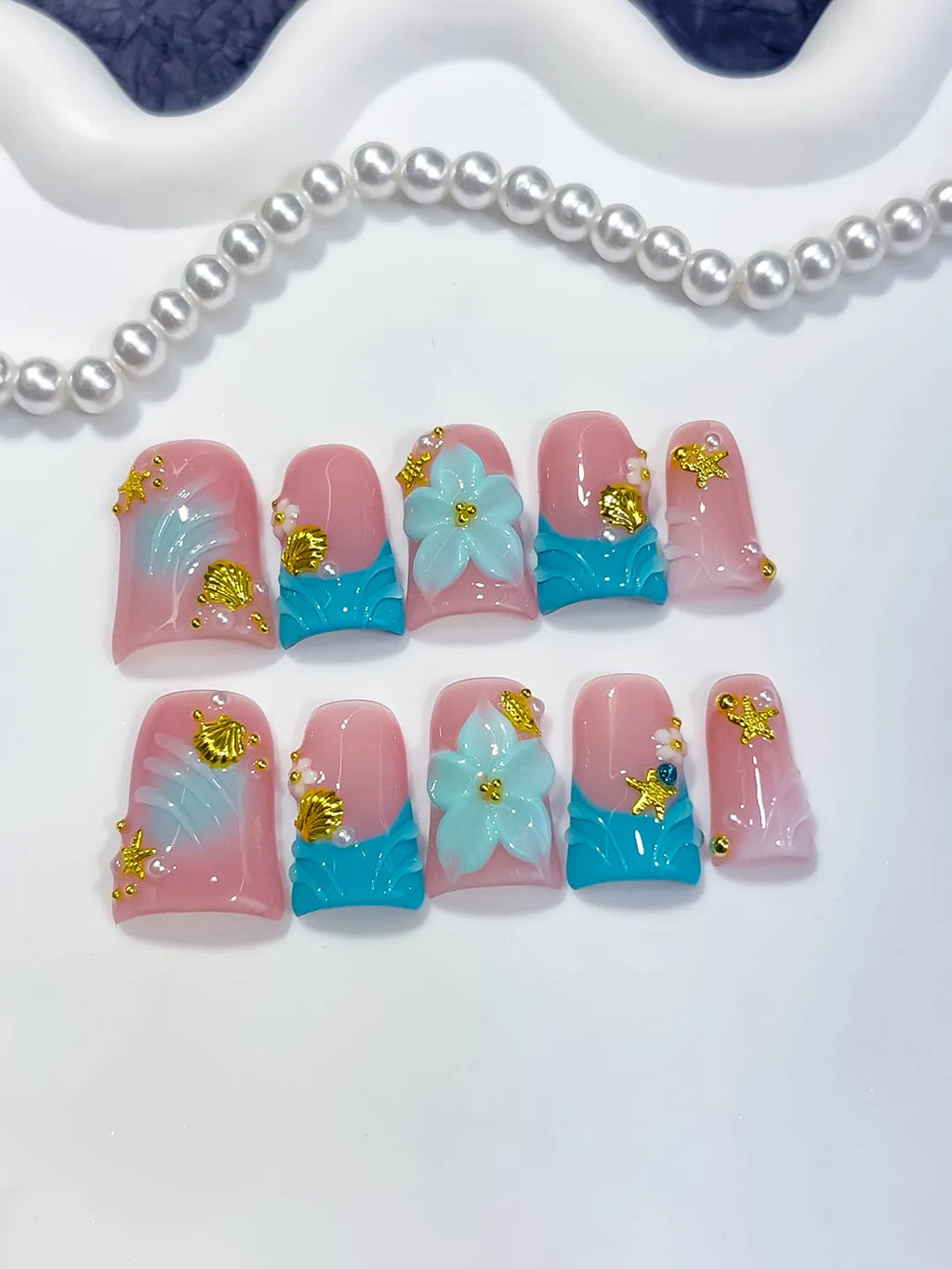 Pink Blue White Gold French tip Flower Rhinestone 3D press on nails detail view