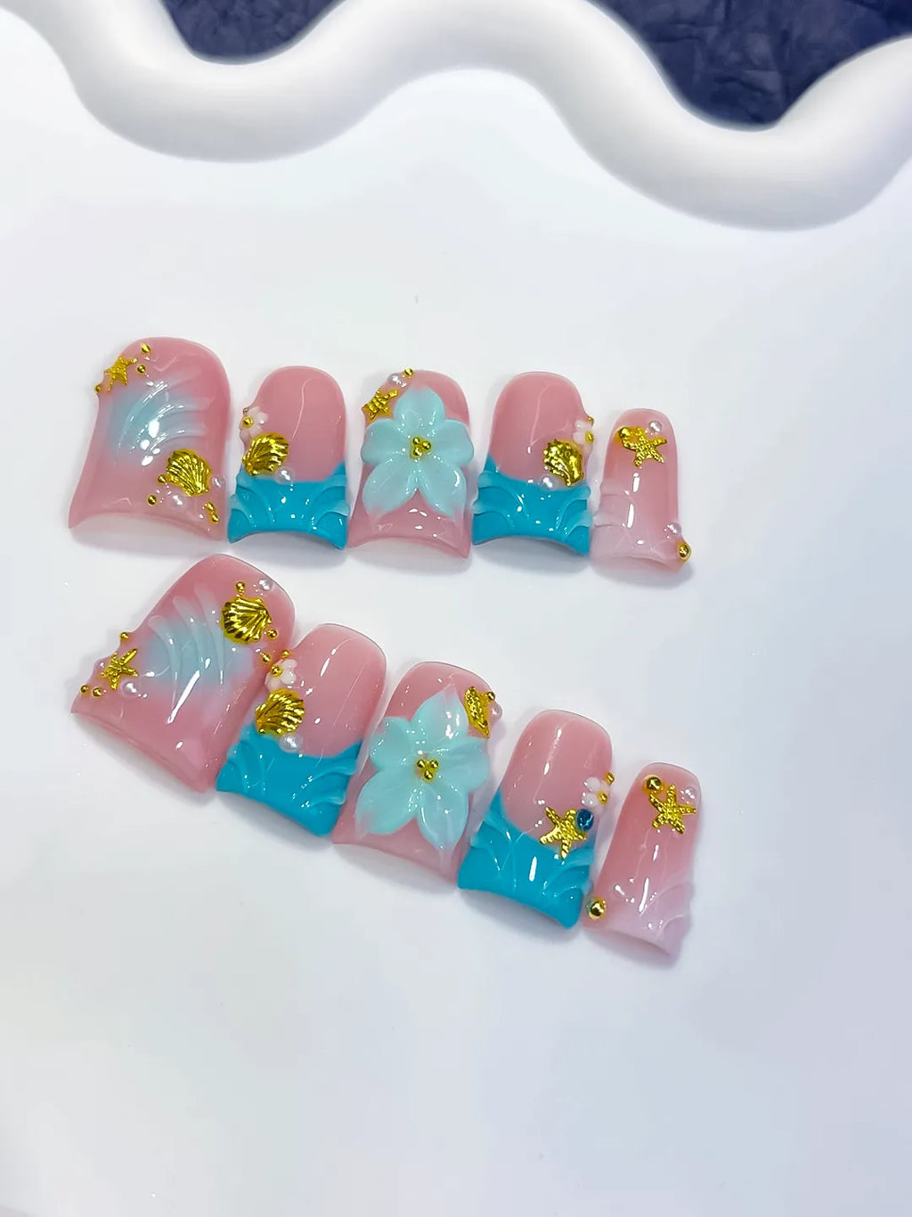 Pink Blue White Gold French tip Flower Rhinestone 3D press on nails detail view