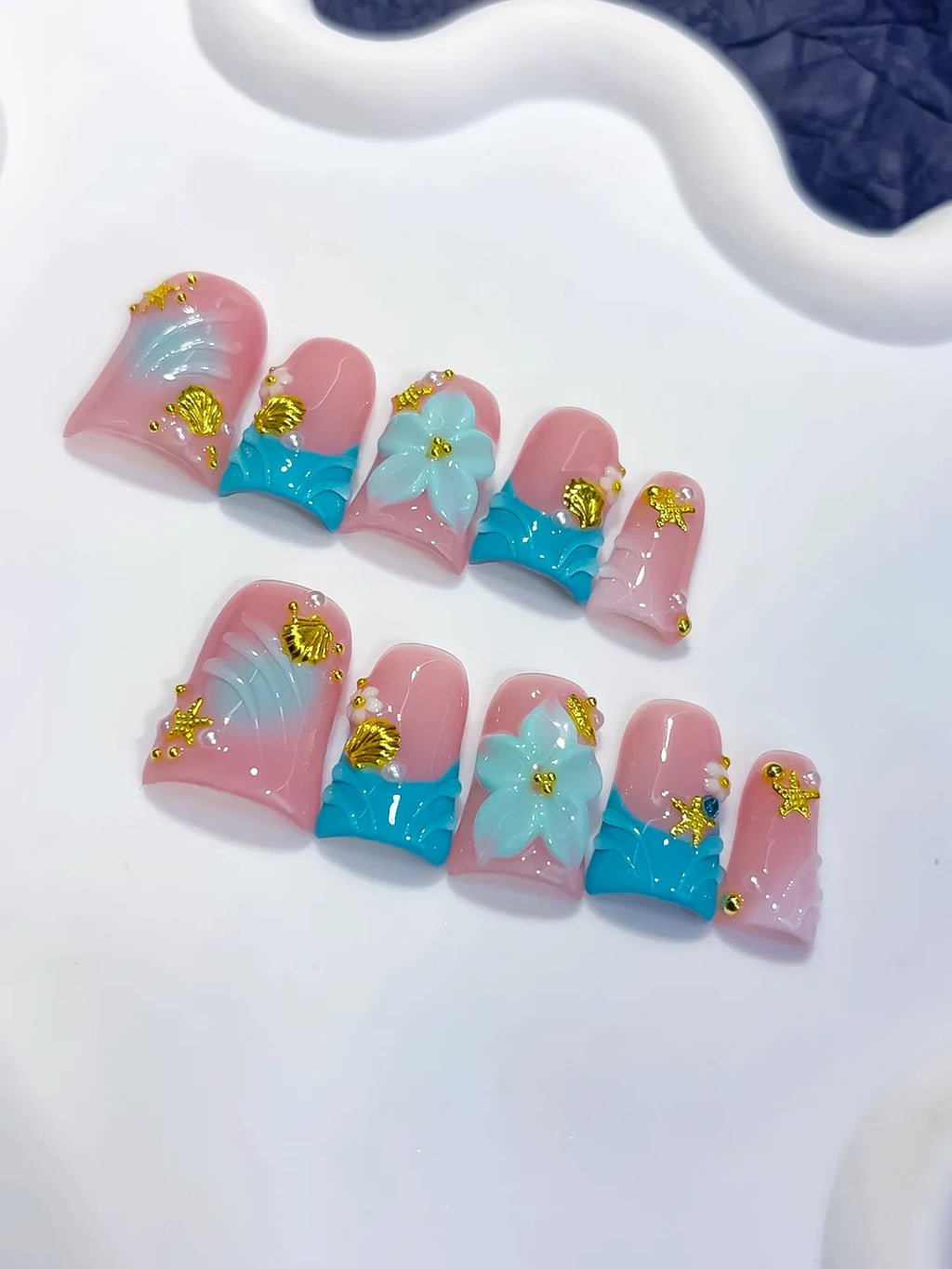 Pink Blue White Gold French tip Flower Rhinestone 3D press on nails close up