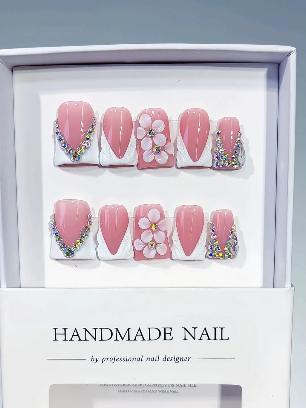 Pink White Silver French tip Flower Rhinestone press on nails full set view