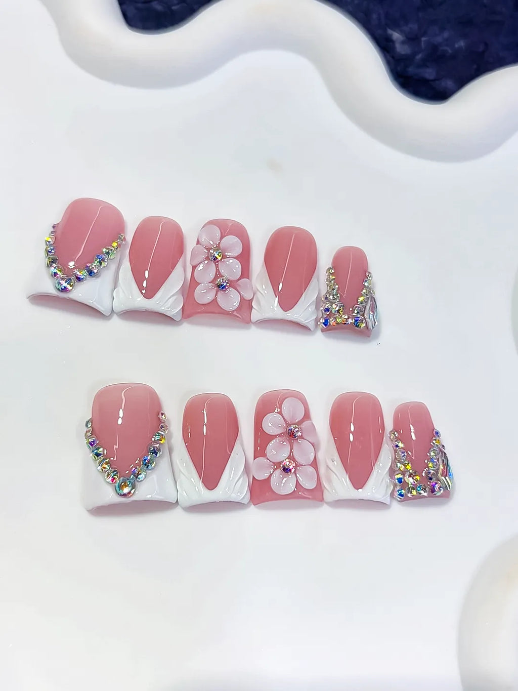 Pink White Silver French tip Flower Rhinestone press on nails detail view