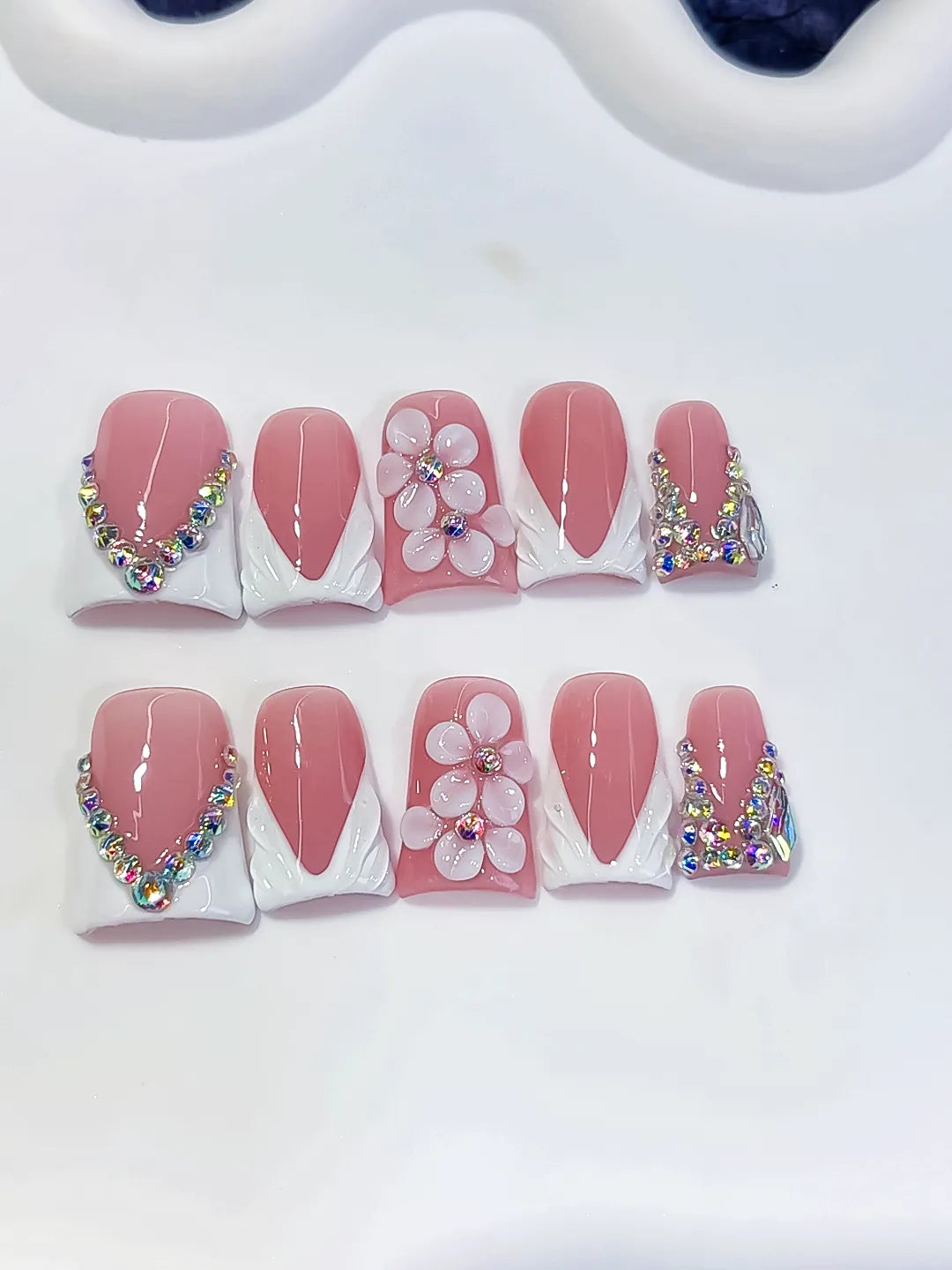 Pink White Silver French tip Flower Rhinestone press on nails detail view