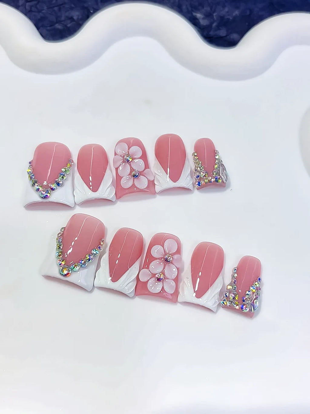 Pink White Silver French tip Flower Rhinestone press on nails detail view