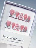 Pink White Silver French tip Flower Rhinestone press on nails