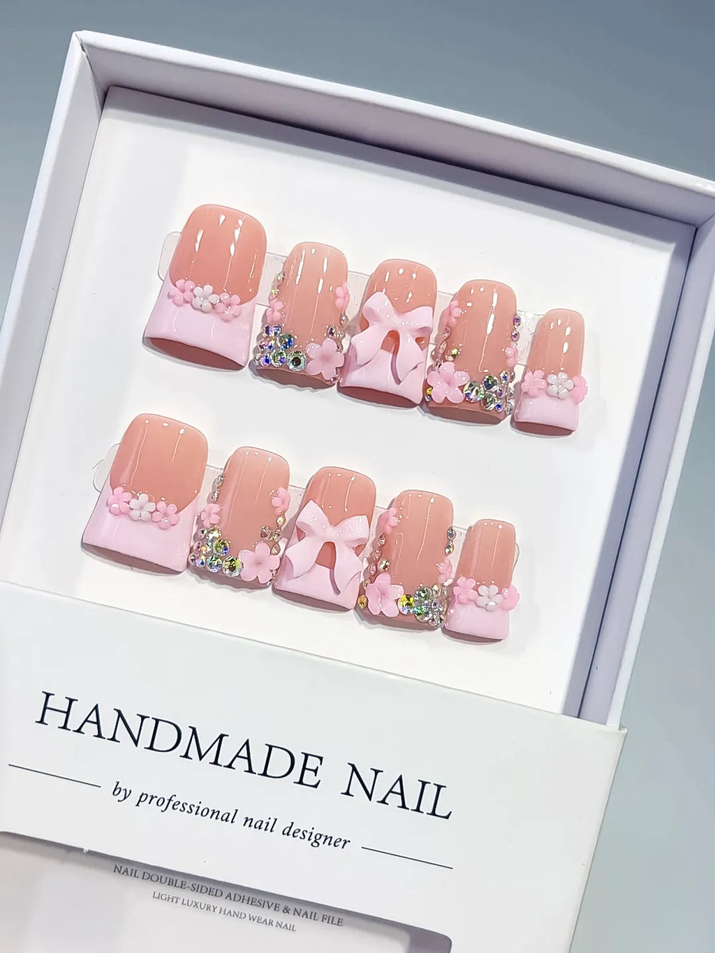 Nude Pink White Gold French tip Flower Bow Rhinestone 3D press on nails