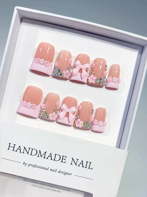 Nude Pink White Gold French tip Flower Bow Rhinestone 3D press on nails