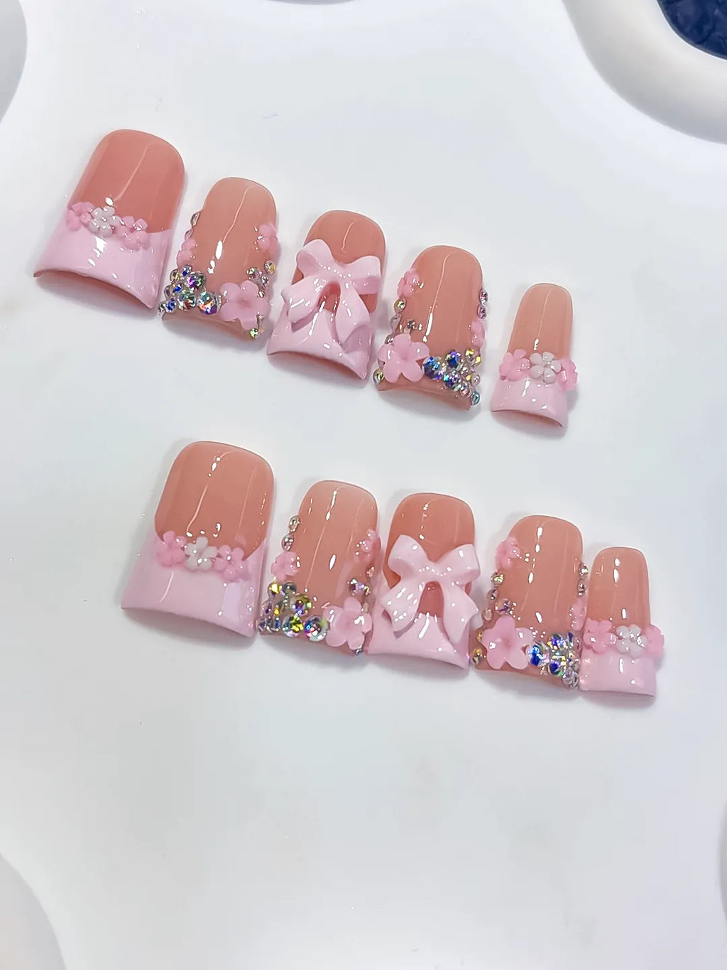 Nude Pink White Gold French tip Flower Bow Rhinestone 3D press on nails close up