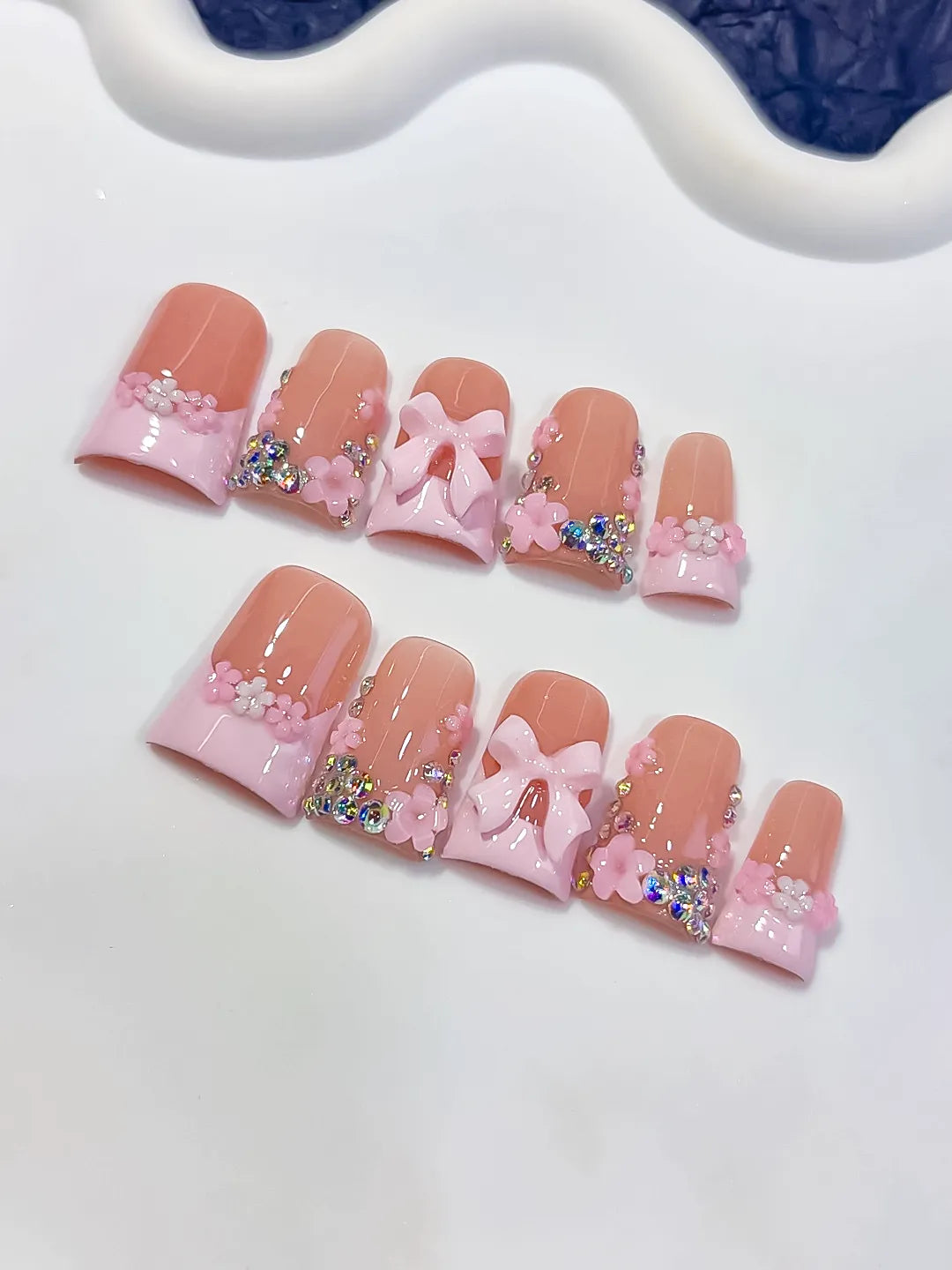 Nude Pink White Gold French tip Flower Bow Rhinestone 3D press on nails detail view