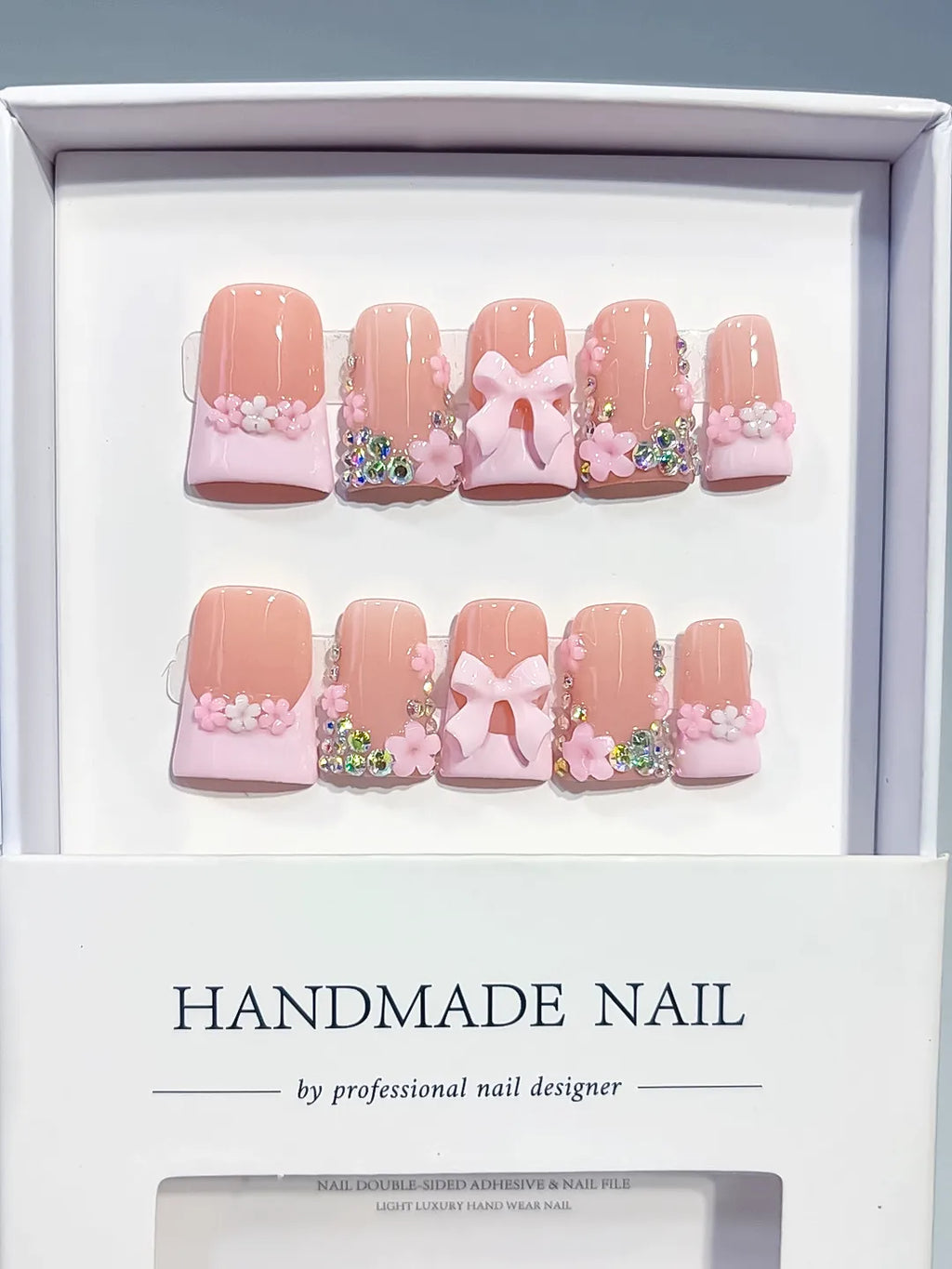 Nude Pink White Gold French tip Flower Bow Rhinestone 3D press on nails full set view