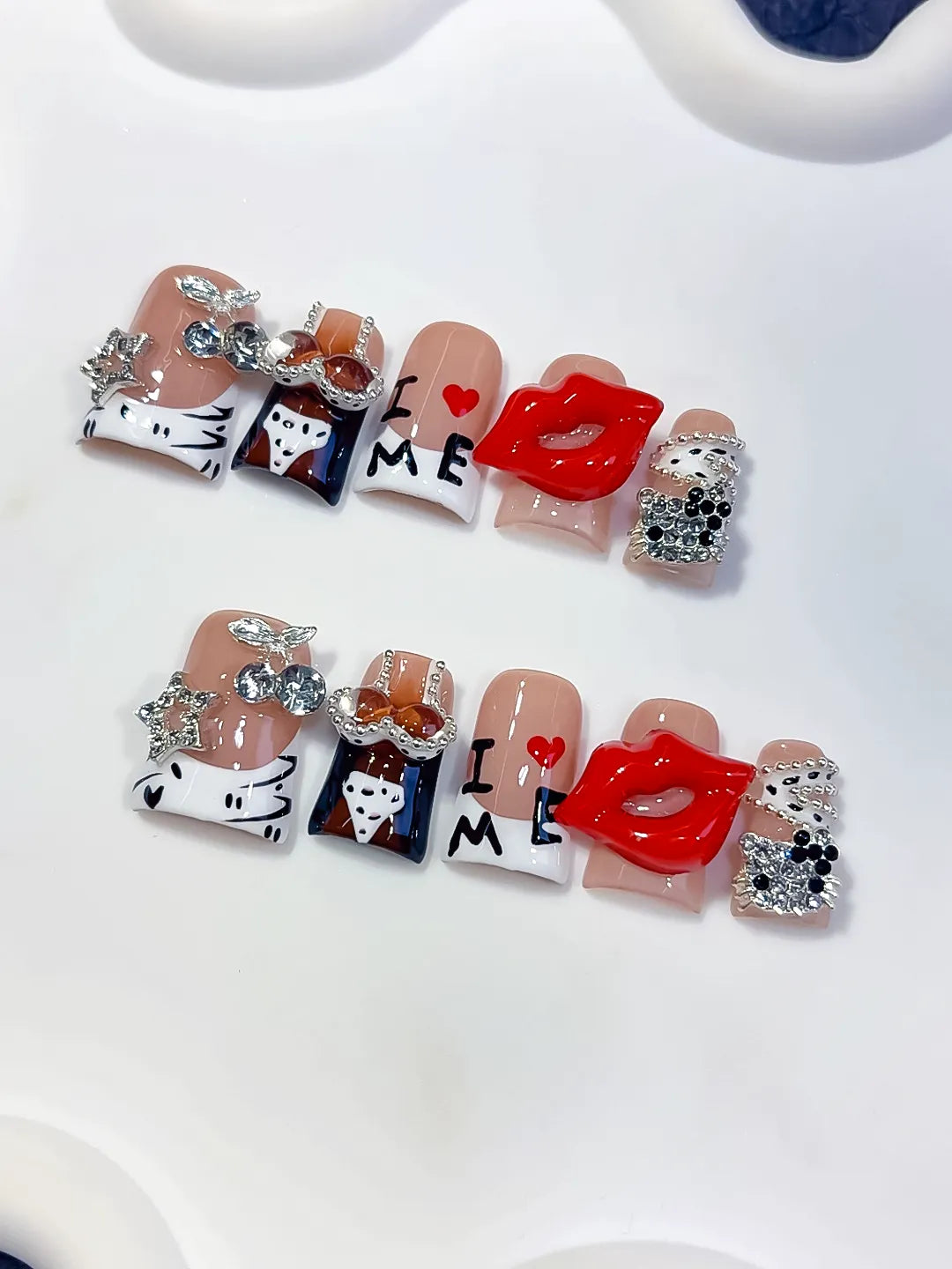 Nude White Orange Black Silver Abstract Lip Text Rhinestone press on nails close up