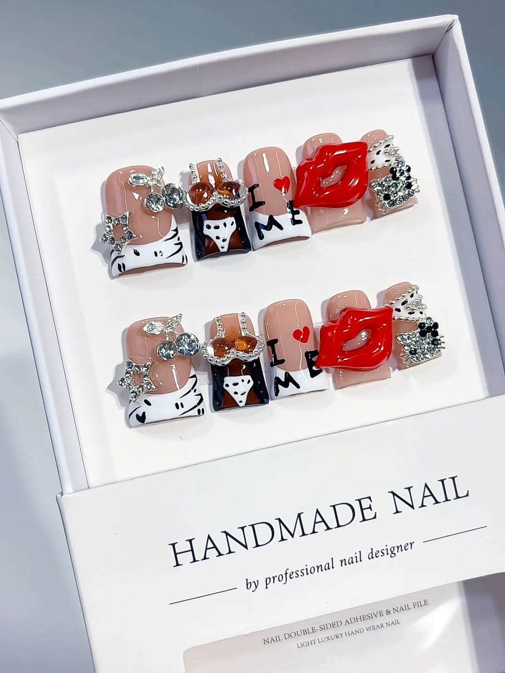 Nude White Orange Black Silver Abstract Lip Text Rhinestone press on nails angled view