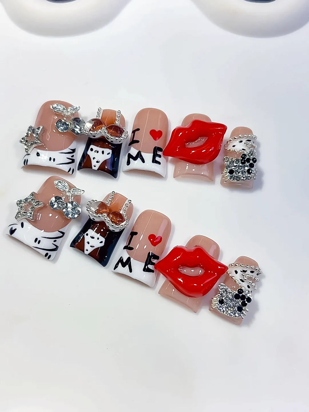 Nude White Orange Black Silver Abstract Lip Text Rhinestone press on nails detail view