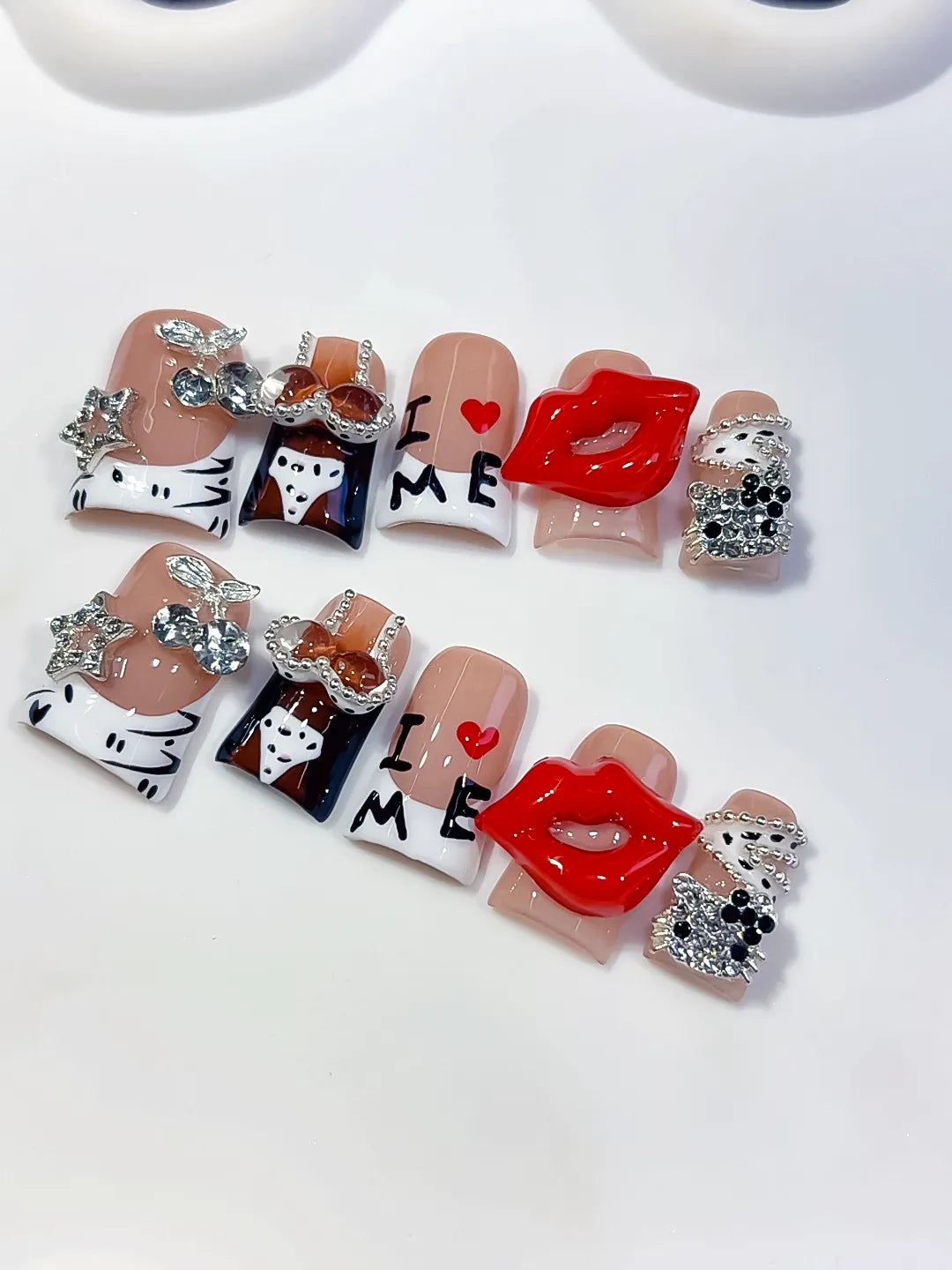 Nude White Orange Black Silver Abstract Lip Text Rhinestone press on nails detail view