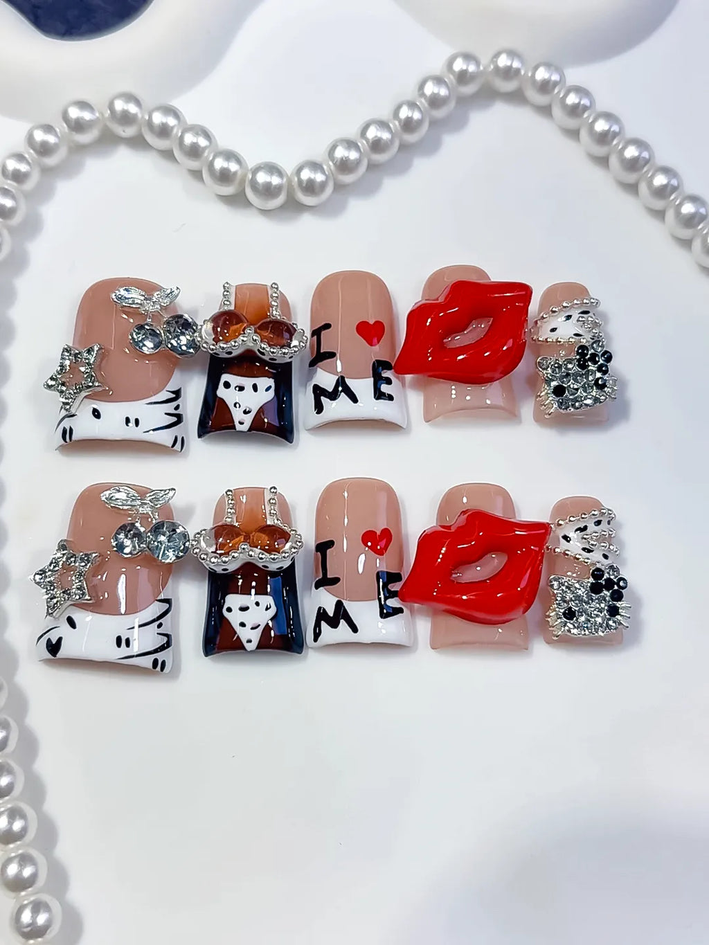 Nude White Orange Black Silver Abstract Lip Text Rhinestone press on nails detail view