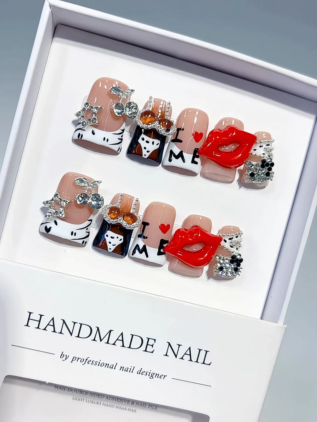 Nude White Orange Black Silver Abstract Lip Text Rhinestone press on nails