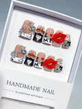 Nude White Orange Black Silver Abstract Lip Text Rhinestone press on nails