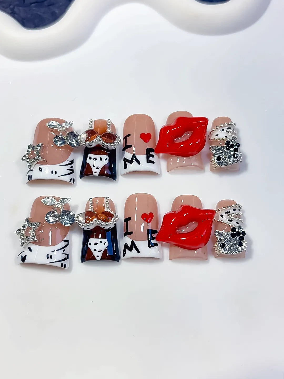 Nude White Orange Black Silver Abstract Lip Text Rhinestone press on nails detail view