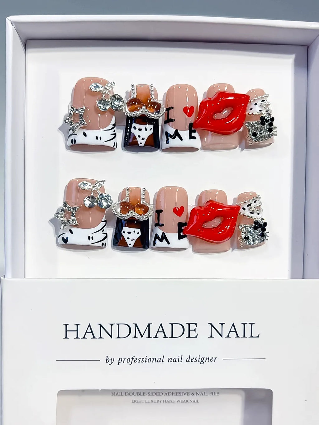 Nude White Orange Black Silver Abstract Lip Text Rhinestone press on nails full set view