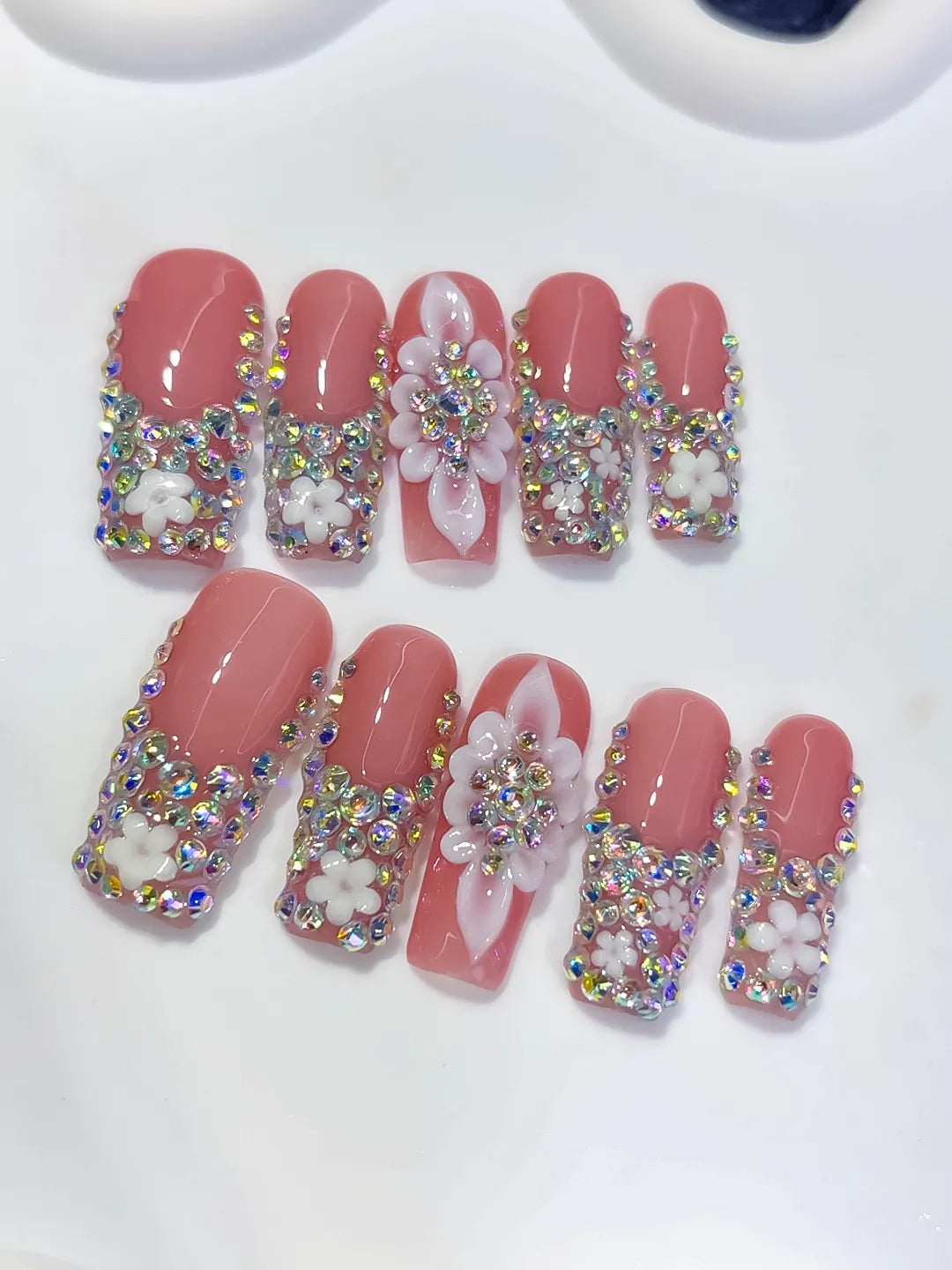 Pink Silver Multicolor Glitter press on nails close up