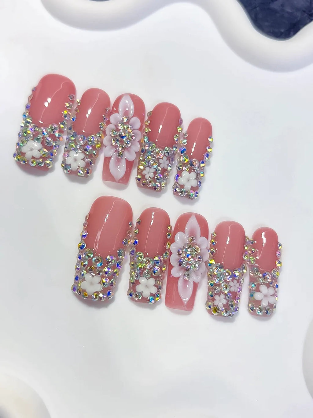 Pink Silver Multicolor Glitter press on nails detail view