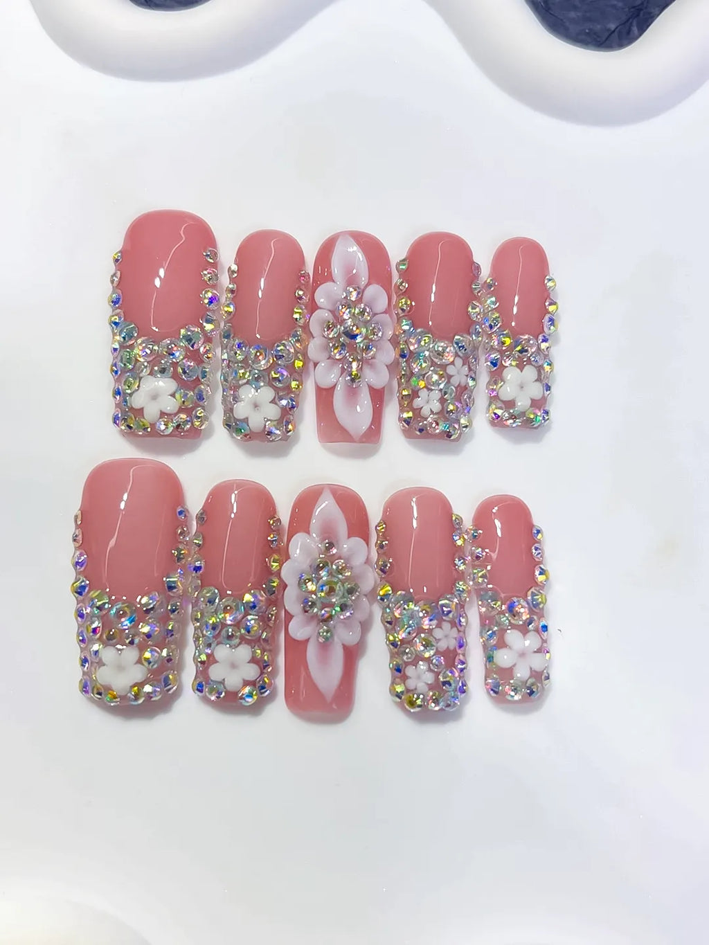 Pink Silver Multicolor Glitter press on nails detail view