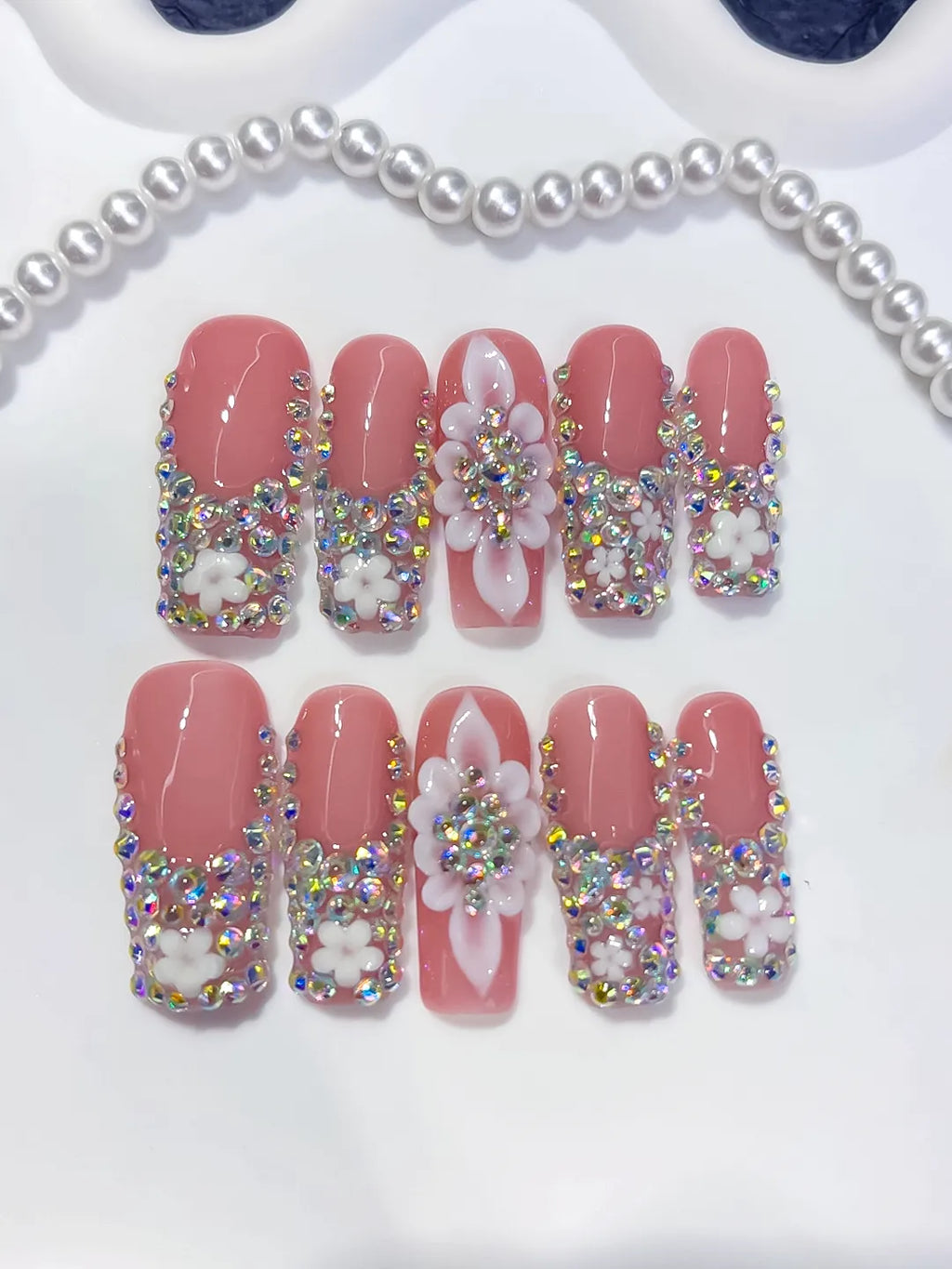 Pink Silver Multicolor Glitter press on nails detail view