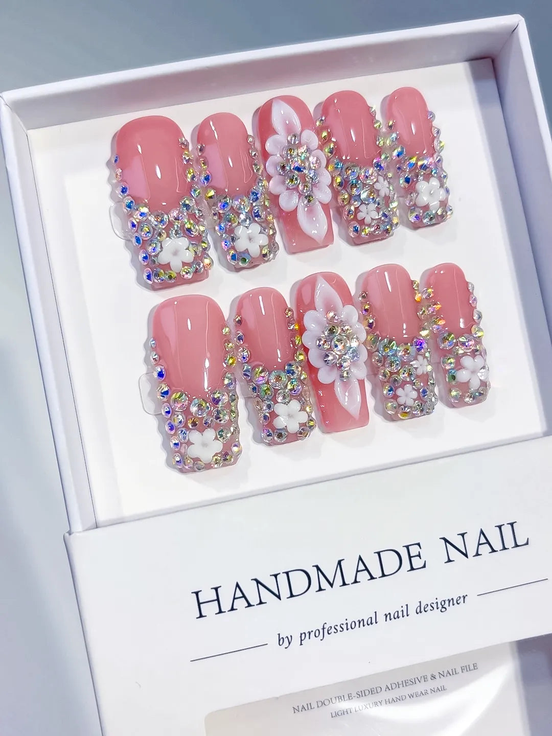 Pink Silver Multicolor Glitter press on nails angled view