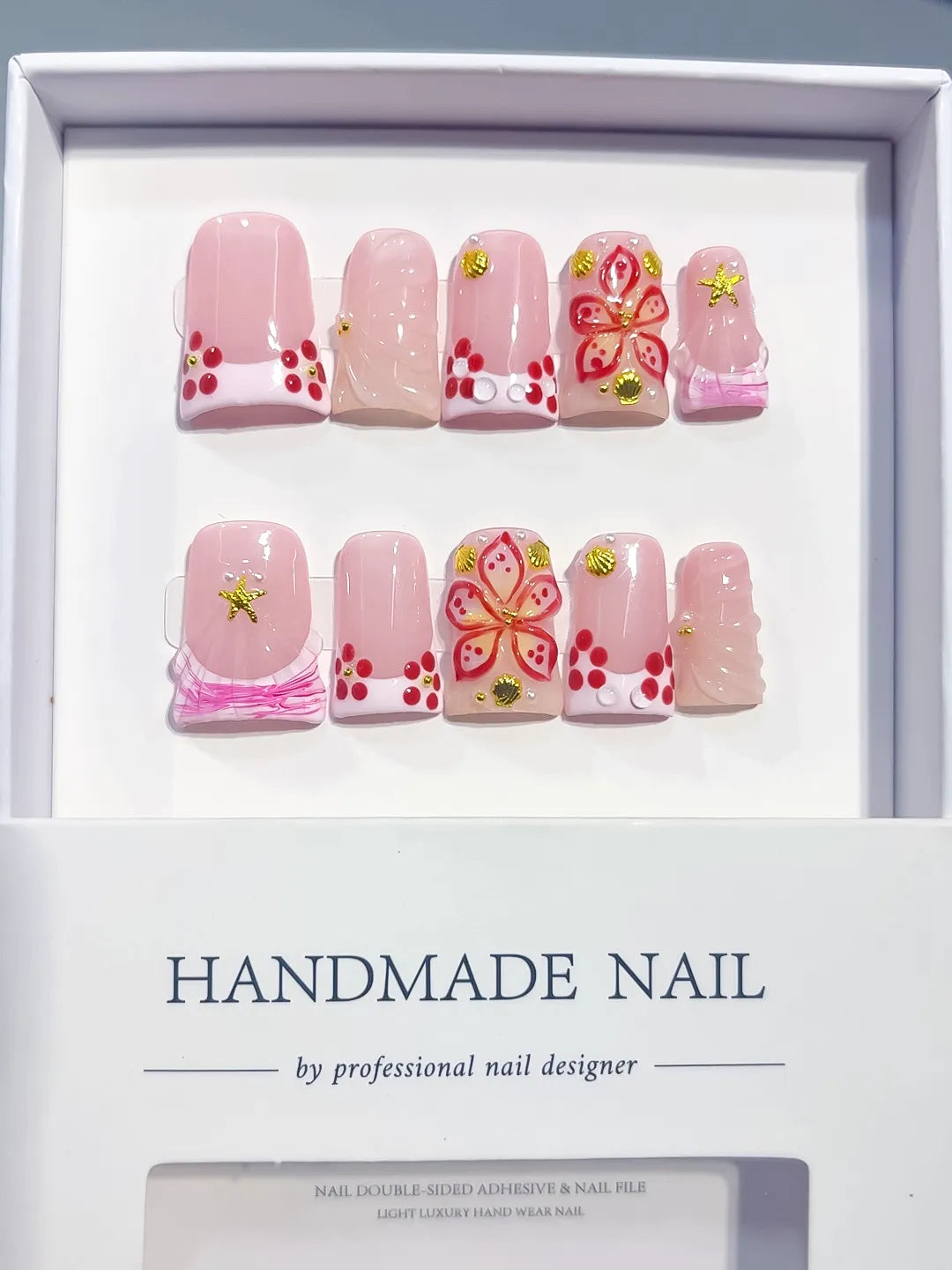 Pink White Gold Red French tip Butterfly Starfish 3D press on nails full set view