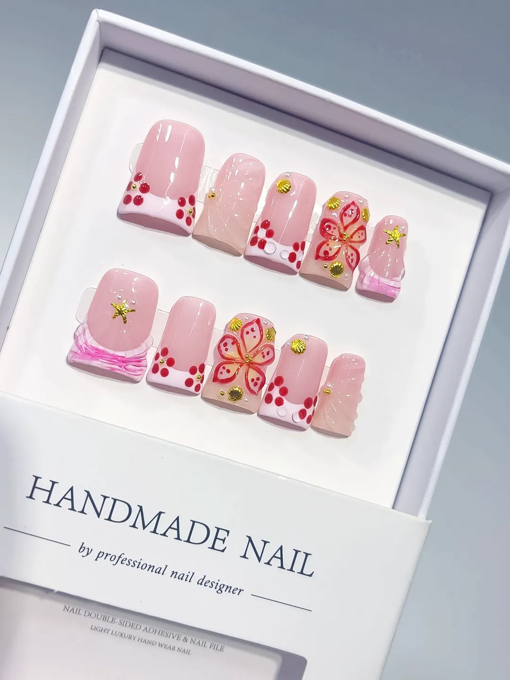 Pink White Gold Red French tip Butterfly Starfish 3D press on nails