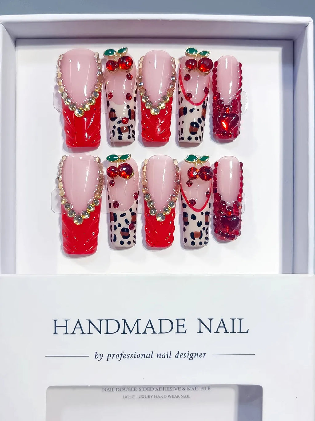 Red Pink White Green Silver Abstract Bow Cherry Heart Animal Print Rhinestone 3D press on nails full set view