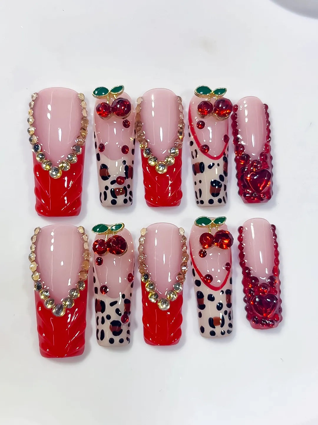 Red Pink White Green Silver Abstract Bow Cherry Heart Animal Print Rhinestone 3D press on nails close up