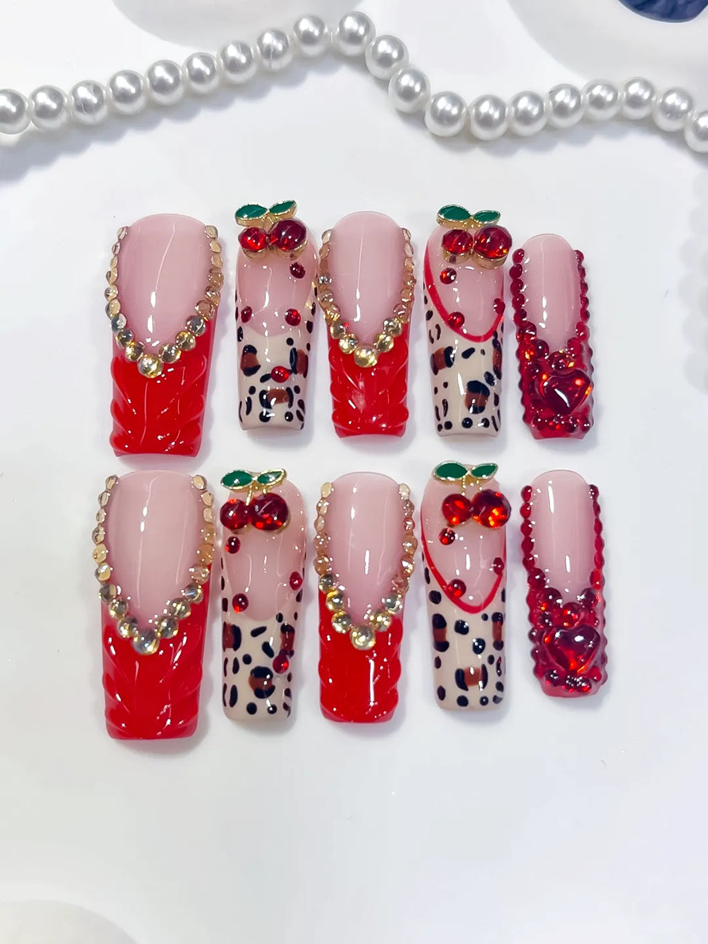 Red Pink White Green Silver Abstract Bow Cherry Heart Animal Print Rhinestone 3D press on nails detail view