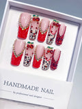 Red Pink White Green Silver Abstract Bow Cherry Heart Animal Print Rhinestone 3D press on nails
