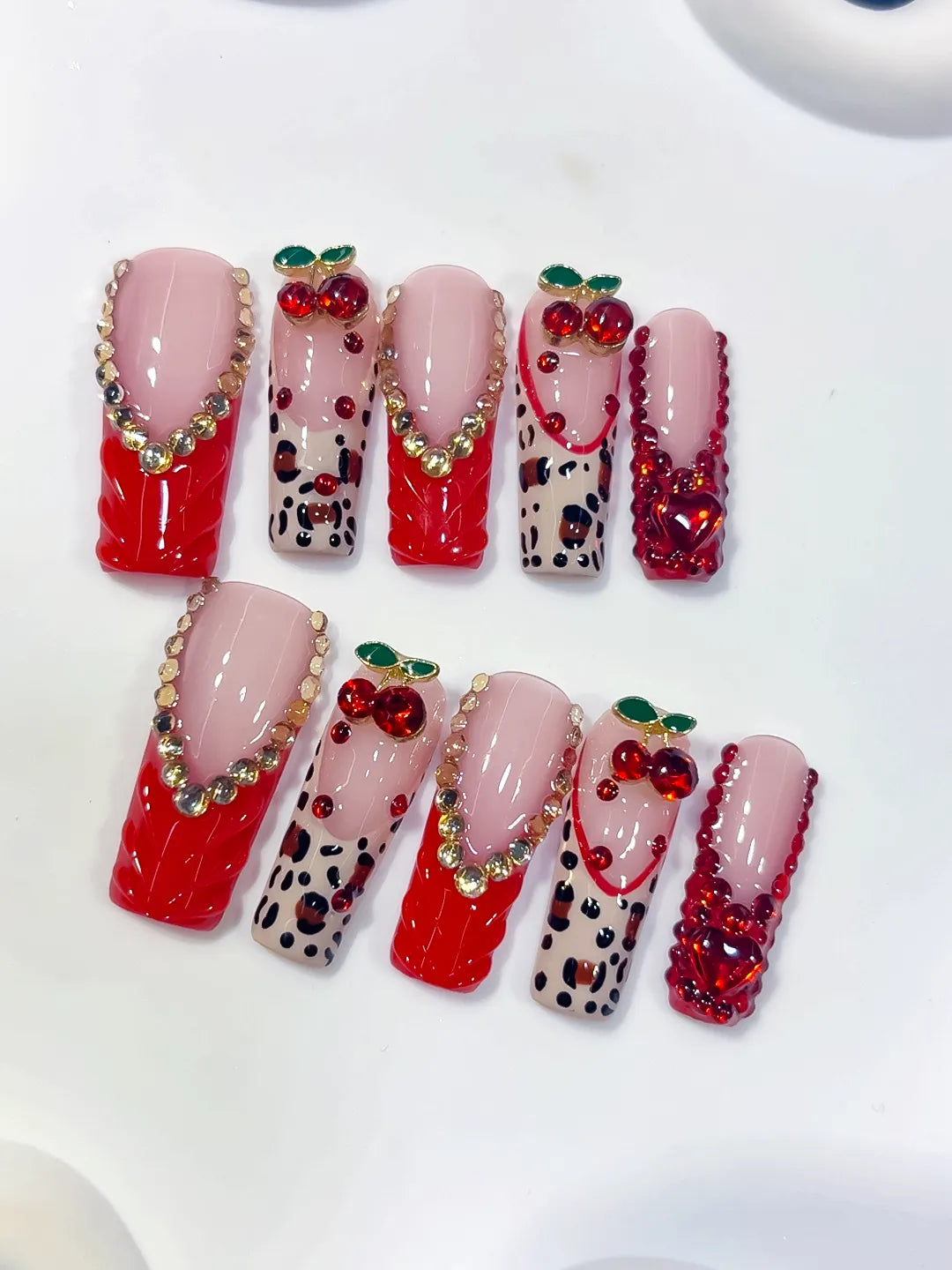 Red Pink White Green Silver Abstract Bow Cherry Heart Animal Print Rhinestone 3D press on nails detail view