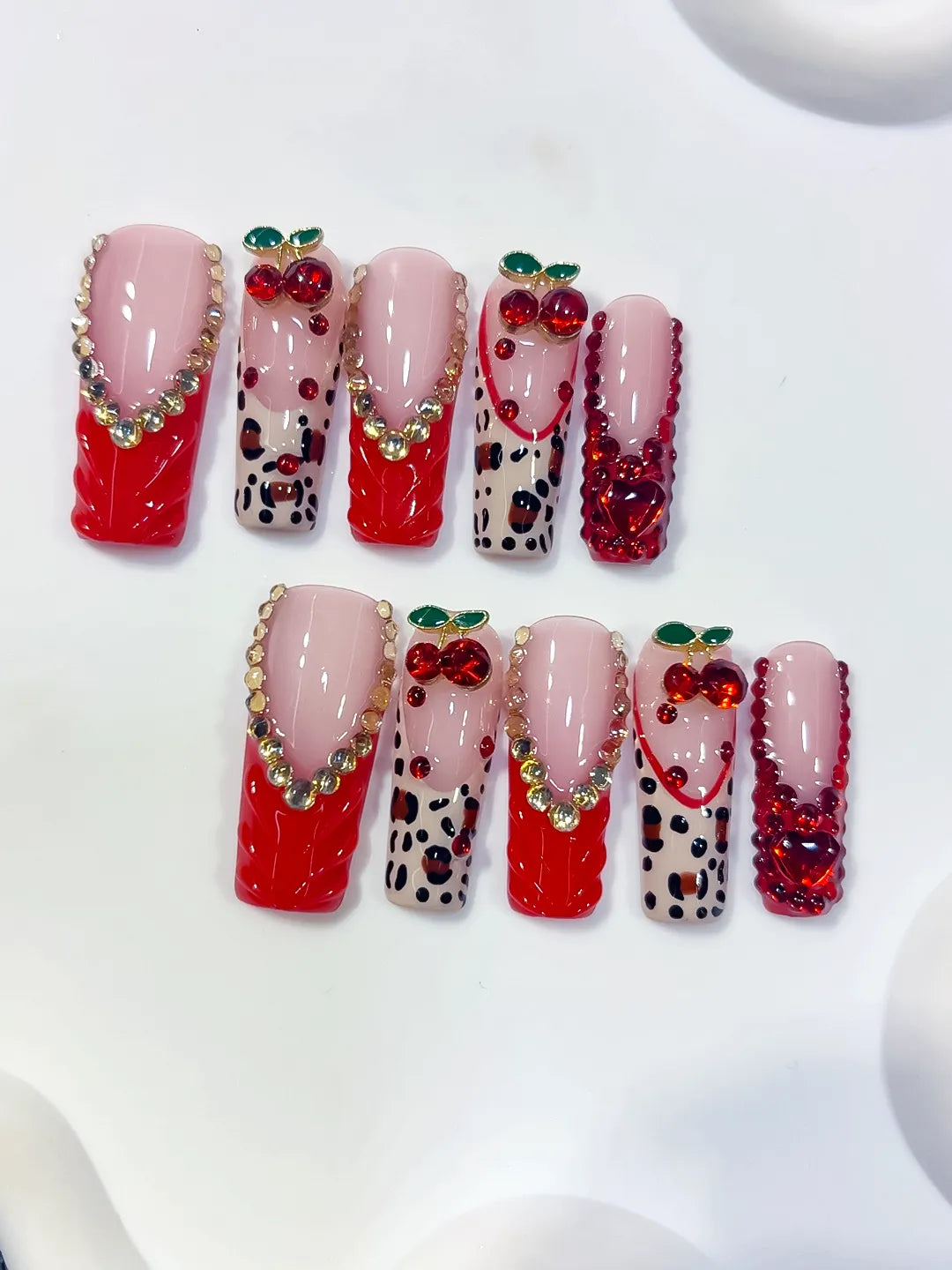 Red Pink White Green Silver Abstract Bow Cherry Heart Animal Print Rhinestone 3D press on nails detail view