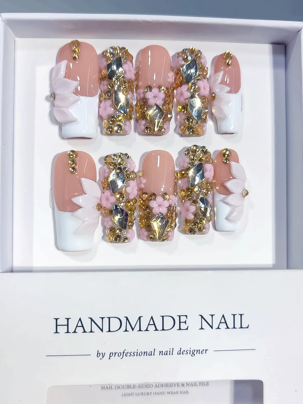 Nude White Gold French tip Flower Bow Rhinestone 3D press on nails full set view