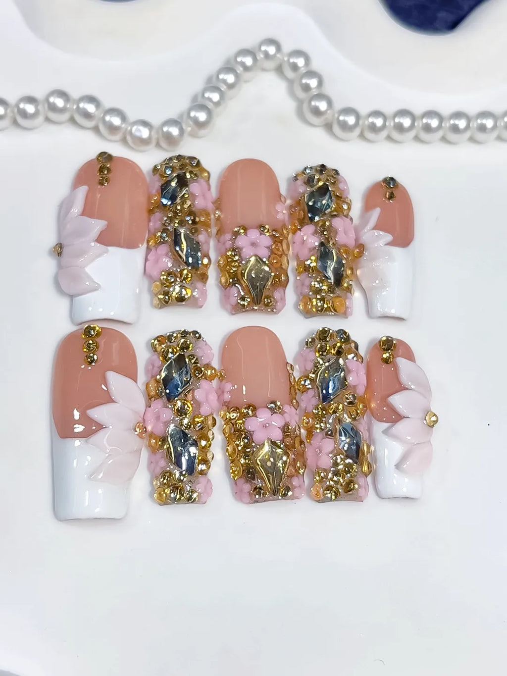 Nude White Gold French tip Flower Bow Rhinestone 3D press on nails close up