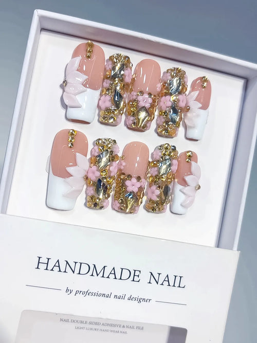 Nude White Gold French tip Flower Bow Rhinestone 3D press on nails