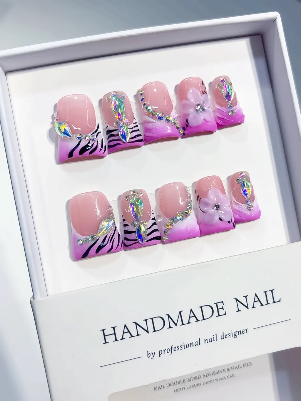 Pink White Purple Silver French tip Flower Heart Rhinestone press on nails angled view