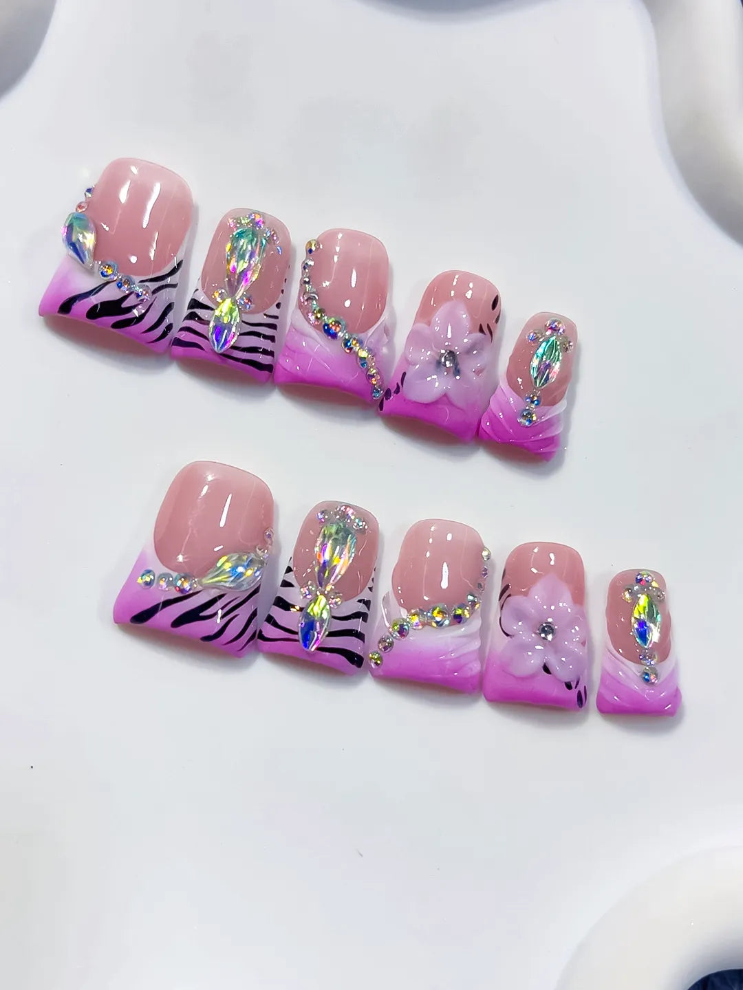 Pink White Purple Silver French tip Flower Heart Rhinestone press on nails detail view