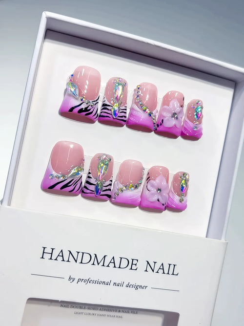 Pink White Purple Silver French tip Flower Heart Rhinestone press on nails