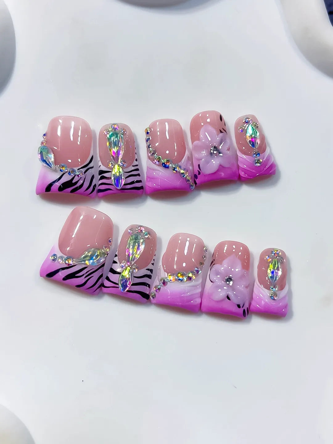 Pink White Purple Silver French tip Flower Heart Rhinestone press on nails close up