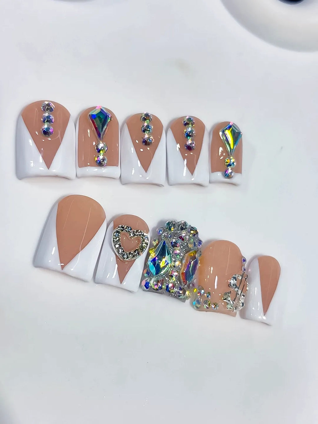 Nude White Blue Silver French tip Rhinestone press on nails detail view