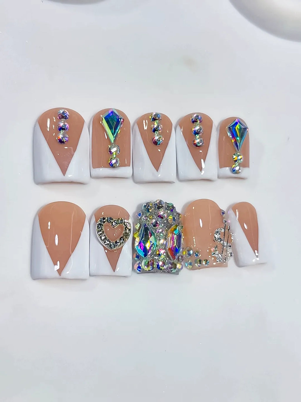 Nude White Blue Silver French tip Rhinestone press on nails detail view