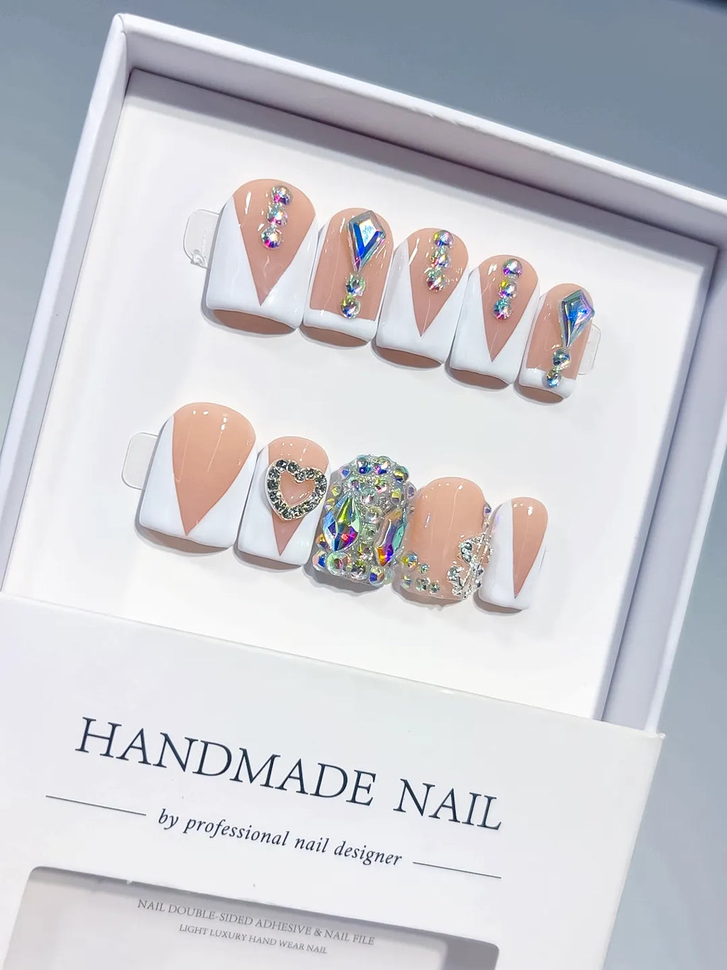 Nude White Blue Silver French tip Rhinestone press on nails