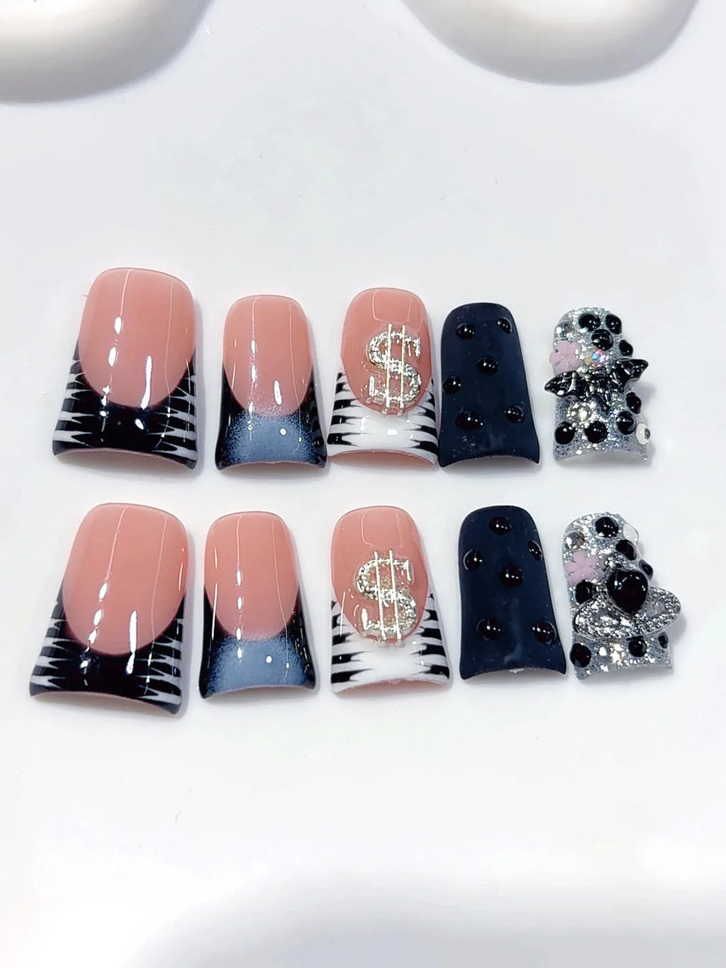L303 - Short Nude Pink Black Duck French Tip Rhinestones - view 4