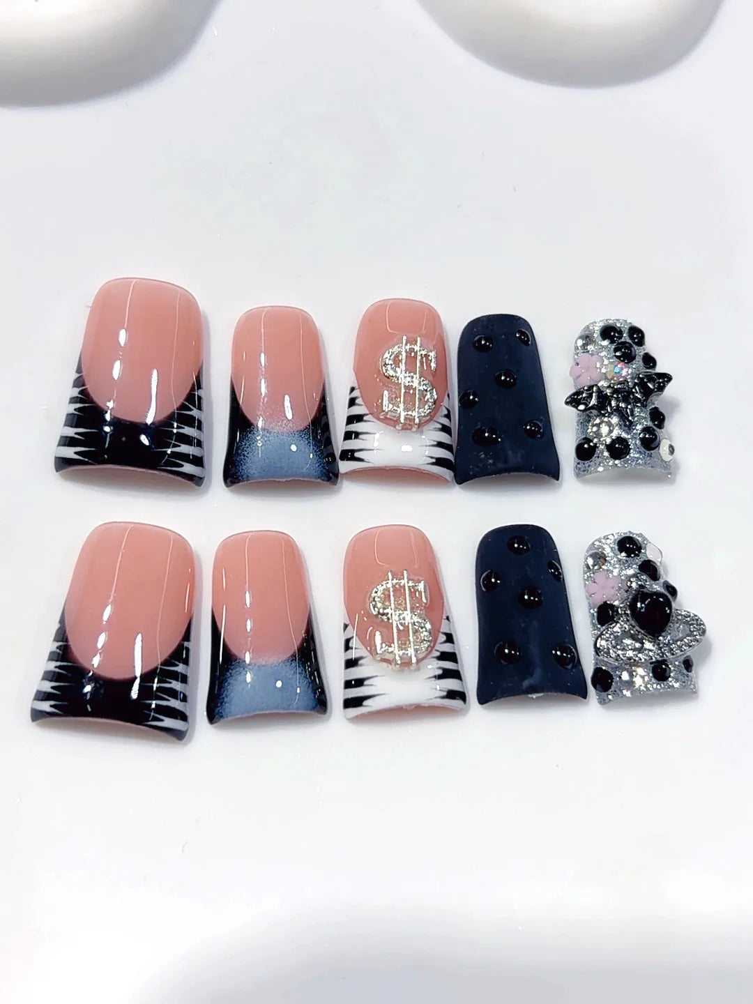 L303 - Short Nude Pink Black Duck French Tip Rhinestones - view 4