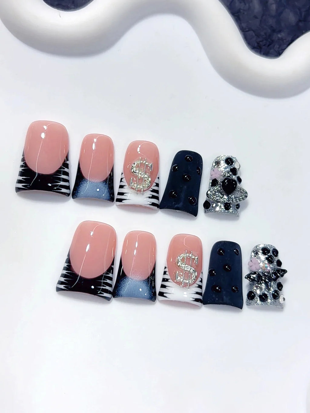 L303 - Short Nude Pink Black Duck French Tip Rhinestones - view 5